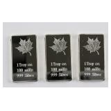 Three 1 Troy Ounce Fine Silver Bullion Bar Mint