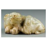 Fine Chinese Celadon Jade Carved Chilong w Cub