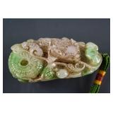 Burma Green Jadeite Carved Toad and Lotus Toggle