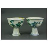 Pair Chinese Ducai Bamboo Porcelain Stem Cups