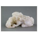 Chinese Hetian White Jade Carved Lion Toggle