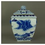 18/19th C. Blue & White Square Porcelain Jar Cover