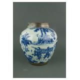 Chinese Blue & White Silvered Porcelain Jar