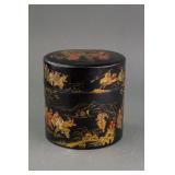 Japanese Wood Black Lacquer Gilt Round Box