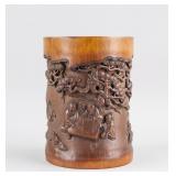 Chinese Bamboo Brush Pot Carved Playing Go Scene