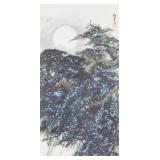 Chinese Watercolour Moon and Pine Signed by Artist