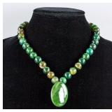 Chinese Green Hardstone Carved Pendant & Necklace