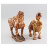 2 Chinese Red Hardstone Carved Horse and Camel
