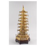 Chinese Gilt Wire Woven Pagoda with Wood Stand