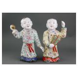Pair Chinese Famille Rose Porcelain Boy Statue