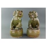 Pair Old Chinese Green Glaze Porcelain Lion Statue
