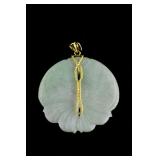 14k Gold Green Jadeite Carved Double Fish Pendant
