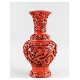 Chinese Red Cinnabar Lacquer Dragon Vase Chipped