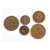 5 Assorted UK Bronze Coins KM-808, 809, 810