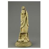 Chinese Shoushan Stone Kwanyin with Bronze Base