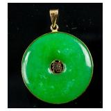 14K Gold Emerald Green Jadeite Carved Pendant