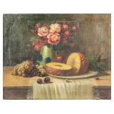 19th C. Antique Dutch OOC Still Life Fruit, Rose