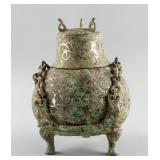 Chinese Han Style Bronze and Silver Dragon Censer