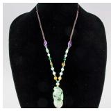 Chinese Green Hardstone Peanut Pendant & Necklace