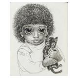 Signed Keane American Graphite on Paper Sketch