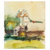 Artist Signed Watercolor on Paper Village Scene
