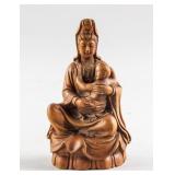 Chinese Teak Wood Guanyin Holding Boy Statue
