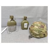 2 plastic  canteens and helmet