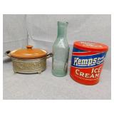 Repro ice cream tin, milk bottle and more