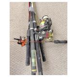 Six fishing reels with poles