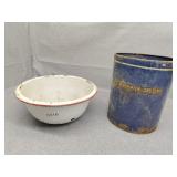 Enameled ware bowl and McCormick tin no bottom