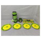 plastic John Deere plates, coffee cup, thermos