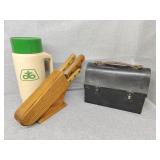 Knife block, pioneer thermos and Old lunch pail
