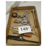 FLAT OF MISC TOOLS - SOCKETS, WRENCHES, ETC