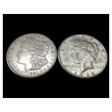 1921-S MORGAN SILVER DOLLAR:1922-S PEACE SILVER
