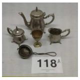 SILVERPLATE TEA SET, BRASS CUP, STRAINER