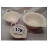 3 NESTING BOWLS LARGE ONE CRACKED BY HANDLE