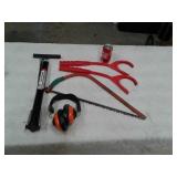 Tire pump, saw, ear protection, pigeon throwers
