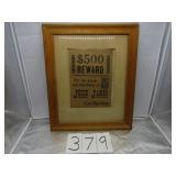 FRAMED $500 REWARD JESSE JAMES