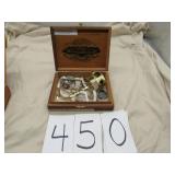 WOOD CIGAR BOX W/MISC JEWELRY