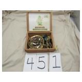 WOOD CIGAR BOX W/MISC JEWELRY
