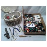 SEWING KIT,  LOT OF OLD BUTTONS, ETC