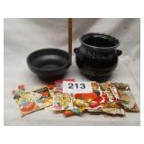 ZANESVILLE STONEWARE BOWL, KETTLE, VTG VALENTINE