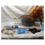 METAL BUCKET, CURTAIN ROD, MOP, NEW JELLY JARS,