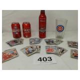BASEBALL CARDS, CUBS GLASS, POPS CANS, BUDWEISER