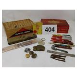 MISC ITEMS - OLD PENS, MILITARY BUTTONS, CIGAR