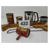 HANDMADE CHAIN SAW, VTG RATTLE, SIFTER, MUG, ETC