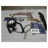 MISC LOT - SNAP ON HAND SAW, TOOLS, LIGHT, ETC