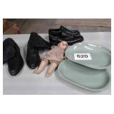 3 GIBSON PLATES, ANTIQUE DOLL, SHOES