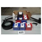 DESK LAMP W MAGNIFY GLASS, LOT OF STORAGE CUBES