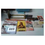 MISC MAGAZINES, BOOKS, RUBBER STAMPS, BOOKEND,